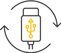 USB-liitin ja nuolet -kuvake, joka kuvaa tado° patteritermostaatin ladattavia akkuja